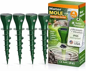 Solar Powered Mole Repellent Stakes, Ultrasonic & Vibration Deterrent for Moles, Gophers & Voles, IP65 Waterproof Outdoor Pest Repeller for Yard, Lawn & Garden, 4 Pack