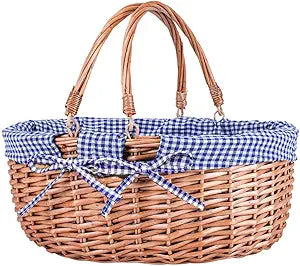 Large Wicker Picnic Basket with Handles,Handle Sturdy Woven Body with Removable and Washable Lining,Outdoor Camping,Gift Packing,Garden Picking, Storage.Blue