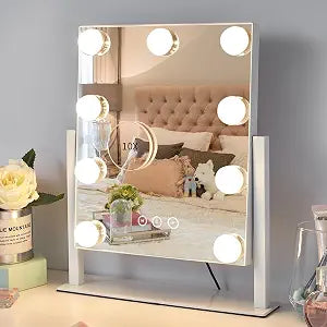 Kotdning Vanity Mirror with Lights,Lighted Vanity Mirror with 9 Dimmable Bulbs for Dressing Room & Bedroom,3 Color Lighting,Modes Detachable 10x Magnification 360Ratation(White) 12" L x 14.4" W