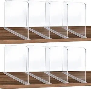 ROUFA Clear Acrylic Shelf Dividers, 8Pcs Closet Dividers Fit for Any Thickness of Shelves, Multi-Purpose Wood Shelf Separators for Bedroom, Kitchen, Office, Bathroom, 11.8''x11''