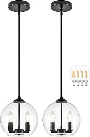 10" Globe Pendant Lights Kitchen Island 2 Pack Glass Globe Pendant Light Fixture Bedroom Mid Century Modern Pendant Lighting Black Pendant Light for Kitchen Island (Bulb Incl.)