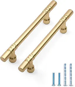 10 Pack Brushed Gold Kitchen Cabinet Pulls,3-3/4 Inch(96mm) Hole Centers Zinc Alloy Solid Round Closet Handles Drawer Pulls,Modern Hardware for Cupboard Dresser Bar Bedroom
