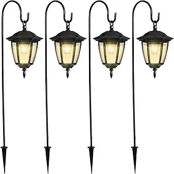 Dynaming 4 Pack Solar Hanging Lights Outdoor, Solar Powered Garden Decorative Lanterns with 4 x 38 Inch Shepherd Hooks, Waterproof Landscape Lighting for Lawn Patio Yard Pathway Driveway, Warm White
