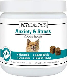 Vet Classics Anxiety & Stress Dog Supplement Helps Reduce Dog Stress Includes Botanicals for Calming Dog Behavior, Pet Nervousness Melatonin, Chamomile, Ginkgo Biloba Soft Chews 120 Ct.