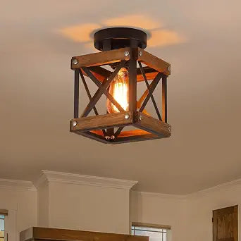 Rustic Farmhouse Wood Flush Mount Ceiling Light Fixture Oak Wood and Metal Square Cage Small Semi Flush Mount Ceiling Light for Kitchen Hallway Entry Bedroom Country Farmhouse, Black