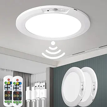 Rechargeable Motion Sensor Ceiling Light, 5 Colors Wireless Battery Operated Shower Lights with Remote, Magnetic Closet Light for Closet Shower Bathroom Hallway, 2 Pack