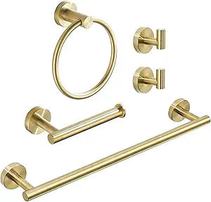 Brushed Gold Bathroom Hardware, Bathroom Accessories Set Includes Toilet Paper Holder Towel Bar Towel Ring 2 Robe Hook 5 Pieces Wall Mount
