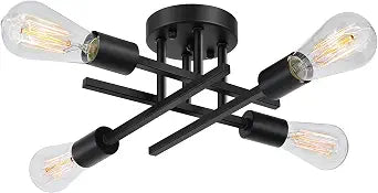 SunRider Industrial 4-Light Semi Flush Mount Ceiling Light Fixture, Modern Farmhouse Lights Matte Black, Rustic Sputnik Chandelier for Bedroom Foyer