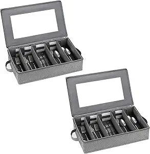 Flatware Storage Box 2 Pack, Silverware Storage Box Case Chest with Adjustable Dividers, Silverware Holder with Zipper Lid for Organizing Cutlery, Utensil, Flatware, Knives, Large Capacity Gray