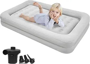 Air Mattress for Kids 4-7 Years - Toddler Travel Bed with Built-in Pump, Sides for Safety, Ultra Soft Plush Surface - Portable Kids Sleeping Pad for Camping, Hotels, Sleepovers & Grandparents' House