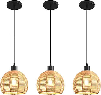 Woven Pendant Light Boho Chandelier, Rattan Pendant Lights Kitchen Island, Farmhouse Pendant Lighting with Hand Woven Wicker Shade, Boho Chandelier Light Fixtures Ceiling Hanging Light