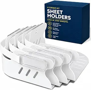 Bed Sheet Clips for Corners, 4-Pack Heavy Duty Fitted Sheet Holders with Secure Snap-Lock Grippers, Mattress Corner Clips, Low-Profile Design, Easy Install, White