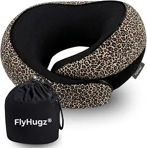 FlyHugz Neck Travel Pillow Memory Foam Neck Pillow for Comfort on Airplane Compact and Ergonomic Design for Travel, Car Rides, and Home Use Ideal for Adults and Kids. (Leopard Print)