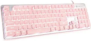 LANGTU Computer Keyboard, Backlit LED Pink for Office, All-Metal Panel USB Wired Membrane, 25 Keys Anti-ghosting, 104 Keys Laptop Compatible