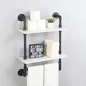 Bathroom Shelves,19.6in Rustic Wood Shelf with Towel Bar,2 Tier Farmhouse Towel Rack Over Toilet,Pipe Shelving Floating Shelves Towel Holder,Black & White