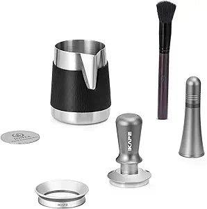 IKAPE 51MM Espresso Tamper Kit 6 in 1, Coffee Tamper, WDT Tool, Magnetic Dosing Funnel, Puck Screen, Milk Pitcher, Cleaning Brush