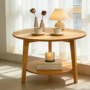 2-Tier Round Coffee Table Wood Nesting Side Table (Oak, 28x28x18)
