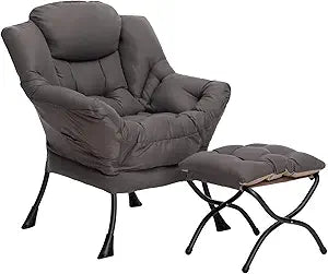 HollyHOME Lazy Chair with Foldable Ottoman, Accent Comfy Lounge Armchair and Folding Footrest Stool, Leisure Sofa Reading Chair and Footstool for Living Room, Bedroom, Dorm,Dark Grey