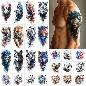 Everjoy 25 Sheets Tough Beast Temporary Tattoo Stickers, 12 Sheets Large Arm Watercolor Animals Fake Tattoos, 13 Pcs Small Animals Tattoo Stickers For Men and Women