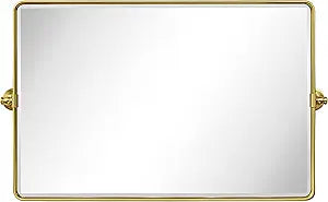 TEHOME Horizontal Pivot Bathroom Mirror Tilting Gold Metal Framed Pivot Rectangle Rounded Rectangluar Vanity Mirrors for Wall, Overall 38.91 x 23 inches (Mirrror 35 x 23 inches)