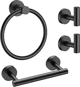 FORIOUS 4 Piece Bathroom Accessories, SUS304 Stainless Steel Toilet Paper Holder, Towel Ring and 2 Towel Hooks, Wall Mounted Bathroom Hardware Set (Matte Black,Double Post Pivoting)