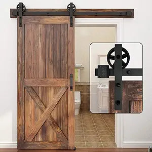 WINSOON 5-16FT Single Wood Sliding Barn Door Hardware Basic Black Big Spoke Wheel Roller Kit Garage Closet Carbon Steel Flat Track System (14FT)