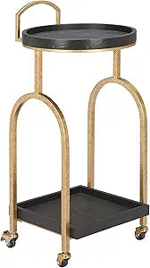 Zukei Bar Cart Black, Black Serving Cart, Modern Style, Oak Wood Round Shape Tabletop, Steel, Indoor Bar, 15.7" W x 16.5" D x 34.8" H