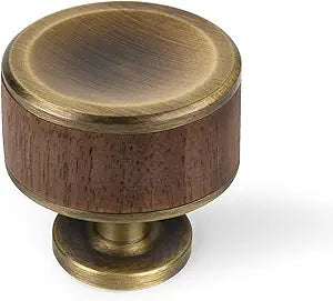 SALISENG- Wooden and Antique Brass Cabinet Drawer Knobs 5 Pack, 1.2 inch Dresser Drawer Vanity Pulls, Modern Furniture Door Hardware Pulls for Cupboard Closet Wardrobe