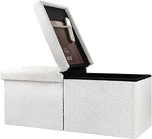 Bsketa Storage Ottoman Bench with Folding Lid , Foot Stools Opens on Both Ends, Footrest Foldable Teddy Velvet Chest for Living Room, Bedroom, Entryway, End of Bed Storage Blanket Ottomans White