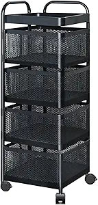 Rotating Kitchen Storage Rack, 4 Tier Rolling Cart with Fruit and Vegetable Basket, Black Storage Organization Dolly Cart with Wheels for Bathroom, Kitchen and Bedroom