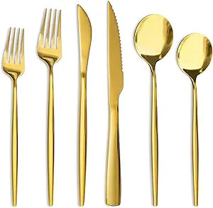 Astercook Silverware Set 48-Piece Gold Flatware Set with Steak Knives Food-Grade Stainless Steel Cutlery Set for 8 Mirror Polished Utensils Set for Home Kitchen Restaurant