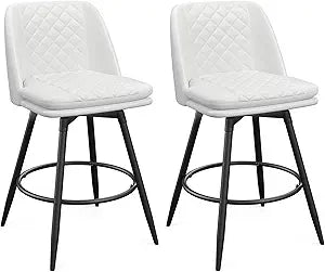 YaFiti Swivel Bar Stools Set of 2, 26" Counter Height Upholstered Faux Leather Barstools, Bar Chairs with Back and Footrest for Bar, Kitchen Island, Dining Room, White