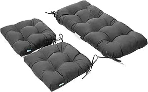 QILLOWAY Outdoor Patio Cushions Set of 3, Wicker Furniture Cushions with Ties, Waterproof Loveseat & Seat Cushions for Patio Bench, Porch Chair, Outdoor Replacement Cushions, Dark Grey