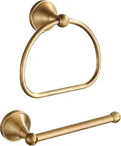 Brass Toilet Paper Holder Towel Ring, Antique Brass Towel Holder Toilet Paper Roll Holder, Rustic Towel Rack Bathroom Accessories Set Hardware 2 Pieces Farmhouse Wall Mounted