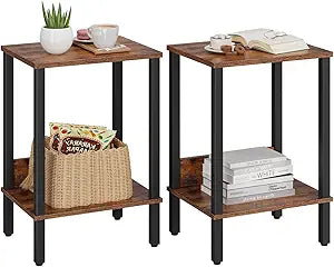 VIMBER End Table, Side Table, Set of 2, Nightstands with 2-Tier Storage Shelves, Sofa Table for Small Space, Coach Table for Living Room Bedroom, Rustic Brown UTBT101F2