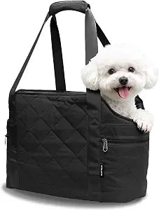 Lightweight Dog Purse Carrier for Small Dogs up to 15 lbs, Dog Tote Bag Puppy Carrier, Soft Plush Interior, Safety Leash Clip, 4 Side Pockets Dog Carrier Bag for Travel & Walking, Black