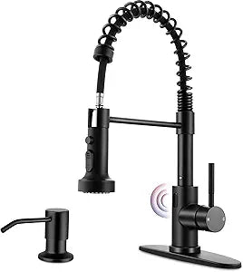 Herogo Touchless Kitchen Faucets with Soap Dispenser, Motion Sensor Activated Commercial Stainless Steel Sink Faucets with Pull Down Sprayer, Matte Black Single Handle Faucets for Vanity Farmhouse RV
