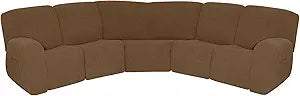 7-Piece Jacquard Stretch Reclining Couch Covers 5 Seats Corner Sofa Cover L Shape Sectional Recliner Sofa Covers for Sofa Anti Slip Furniture Protector Thick Soft Washable (Brown)