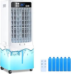 Portable Evaporative Air Cooler, Swamp Cooler, Windowless Portable Air Conditioners with 2.4 Water Tank, 6 Ice Packs, 3 Modes & 3 Speeds, 12H Timer, Air Cooling Fan for Indoor Bedroom Office