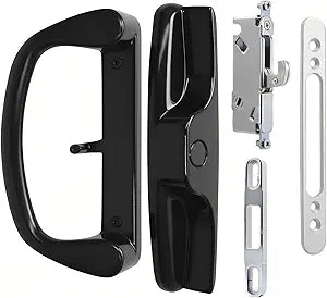 Aluminum Sliding Glass Patio Door Handle Set with Mortise Lock, Non-Keyed Pull Handles, Fits 1-1/4" to 2" Thick Doors 3-15/16" Hole Spacing, Adjustable Thumb Latch, Non-Handed, Black