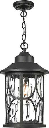 zeyu Modern Outdoor Hanging Porch Light, 14.6 Inch Outdoor Pendant Lights for Porch, Die-Cast Aluminum with Clear Water Ripple Glass, Black Finish, ZX48MH-WG BK