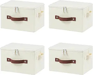 4 Pack Storage Bins with Zipper Lid Cotton Linen Fabric Lidded Storage Baskets Boxes Foldable Washable Closet Shelf Clothes Organizer Container with PU Leather Handles (Beige, Small)