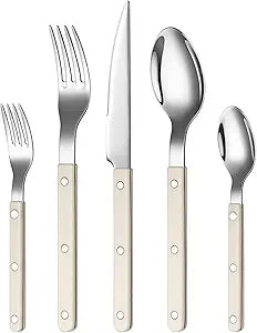 Khen Cutlery Set of 20, 18/8 Stainless Steel Flatware, Modern Silverware for Home, Kitchen, Dining & Table Setting for 4 Stainless Steel, Dishwasher Safe, Lightweight & Ergonomic Design Gift - Cream