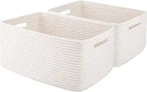 OIAHOMY Storage Basket for Shelves, Closet Cube Storage Bins Baskets for Clothes Blanket Towels, Baby Nursery, Toy Baskets Box, Woven Rope Basket, 15.75 * 11.81 * 7.09 IN, 2 Packs White