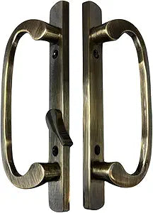 8.5" Legacy Sliding Patio Glass Door Offset Latch Antique Brass Handle Set Replacement - Sash Controls 2265 - No Mortise, Fits 3-15/16" Screw Hole Spacing and 1-1/4" to 2-1/4" Door Thickness