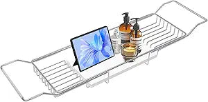 BVL Bathtub Tray Stainless Steel with Marble Base Chrome Bathtub Tray with White Marble Base Adjustable & Rustproof Bath Caddy for Spa, Relaxation, Bath Bombs