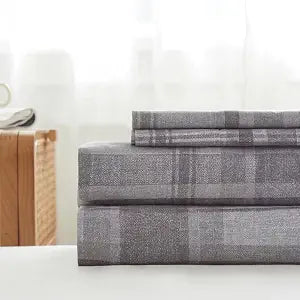 KACEMOO California King Size Bed Sheets Set 4PC - Soft Cooling 1800 Thread Microfiber Count Printed Sheet, 8-17 Inch Deep Pocket Breathes Better, Hypoallergenic, Grey Plaid Patterned Double Bedding