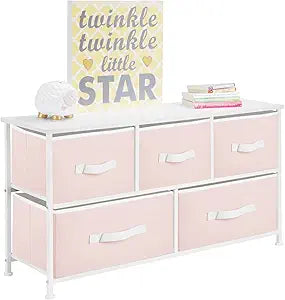 mDesign Unit with 5 Storage Drawers Broad Chest of Drawers for The Nursery Nursery Organiser Made of Metal, MDF and Fabric Light Pink/White