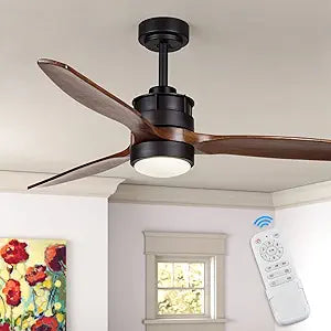 EKIZNSN 52 Inch Outdoor Ceiling Fan for Patios with Light and Remote Control, DC Motor, 3 Reversible Walnut Wood Blades