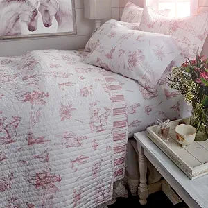Rod's True Western Dusty Rose Cowgirl Twin Quilt, Vintage Western Toile Bedding, Pink and White, Reversible Cotton Quilt, 68x86 Inch